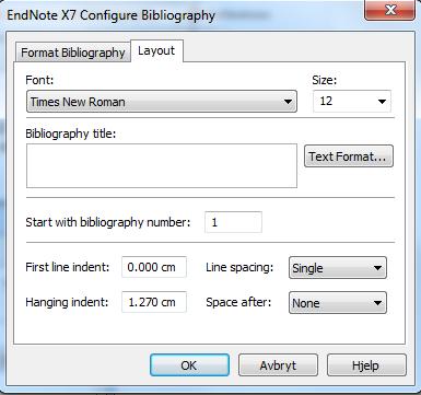 Redigere referanseliste Velg Bibliography på EndNote-menyen i Word: Standard er Format Bibliography. Velg Layout.