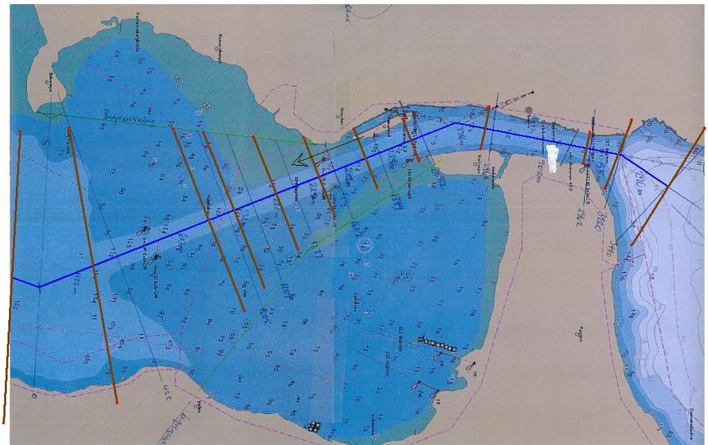 7 Beregning av bølgepåvirkning Figur 1 Dybdekart av Svelvikstrømmen med innlagte beregningsprofiler.