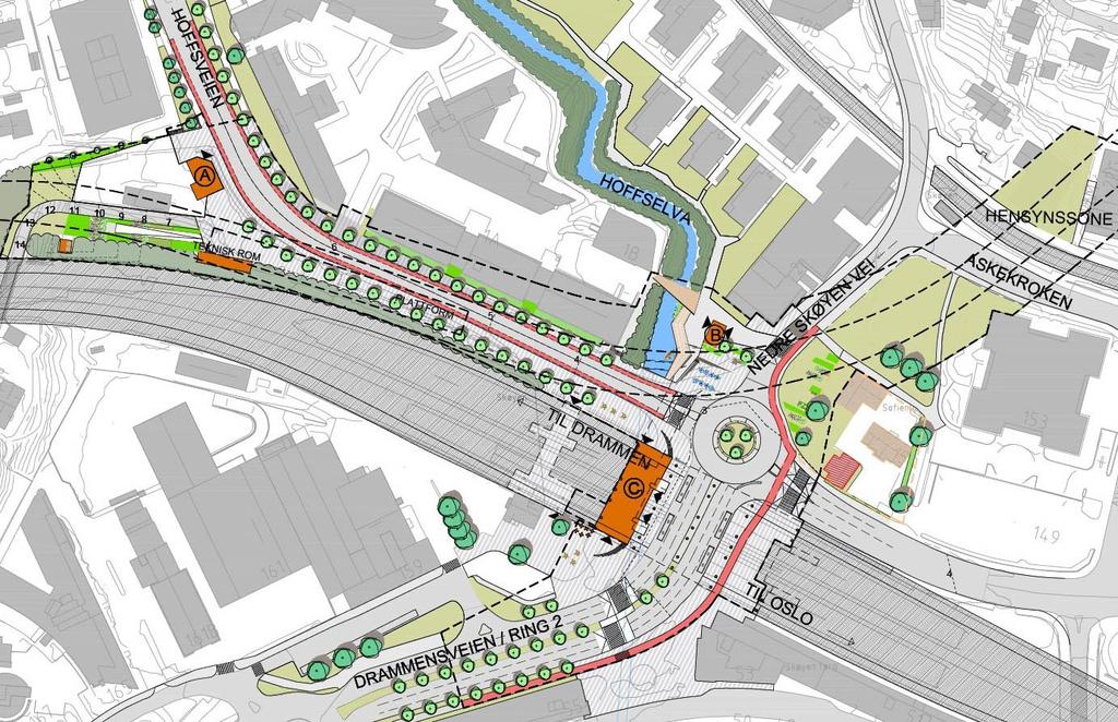 SKØYE Skøyen stasjon blir liggende under Hoffsveien, parallelt med jernbanestasjonen. Skøyen blir et kompakt og effektivt kollektivknutepunkt, med tog, T-bane, buss og trikk innenfor korte avstander.