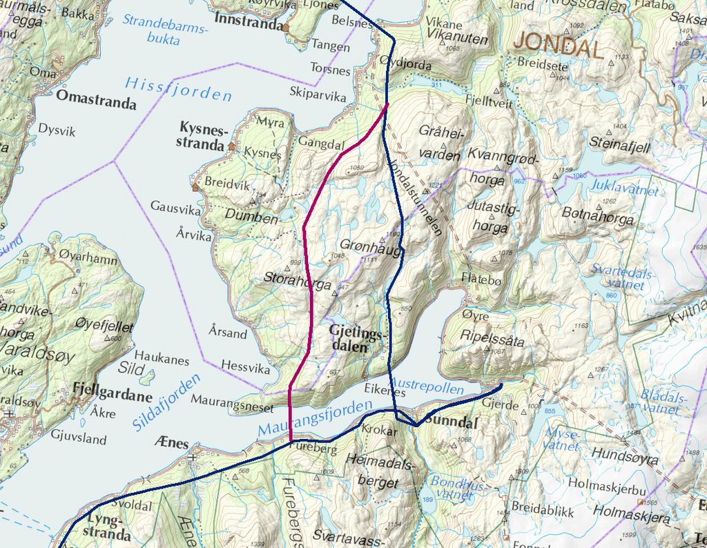 3.3 Mauranger - Samnanger Delstrekningen er vist i Figur 3 samt i figurene I til M i Vedlegg 1.