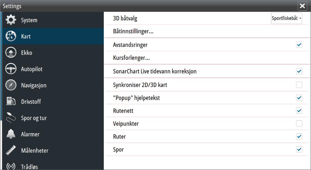 Nytt alternativ for tidevannskorrigering i SonarChart Live Det nye alternativet for tidevannskorrigering i SonarChart Live er lagt til i dialogboksen Kartinnstillinger.