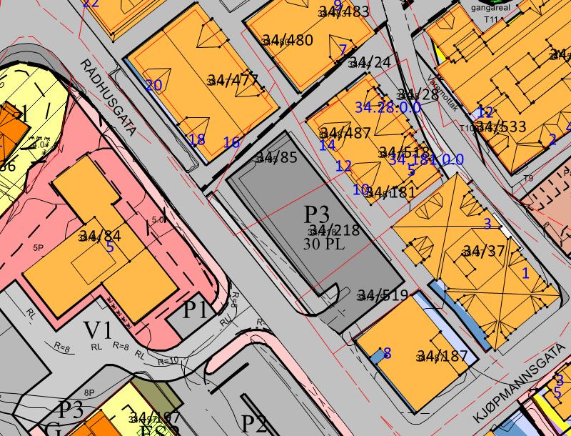 2. Utsnitt av gjeldande reguleringsplan. Kart 2. Samandrag: Byutviklingsprosjektet legg til grunn at parkeringsplassen ved Valaker skal endrast til park/leik grunna si gode beliggenheit.