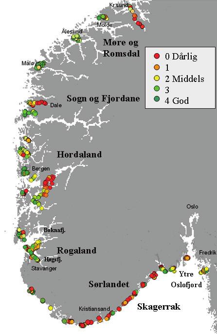 Rapportar 48/21 Jordbruk og miljø Figur 1.8. Sukkertarestatus i Sør-Noreg basert på undersøkingar i 25-28 Dårleg 1 2 Middels 3 4 God Kjelde: Moy m fl.
