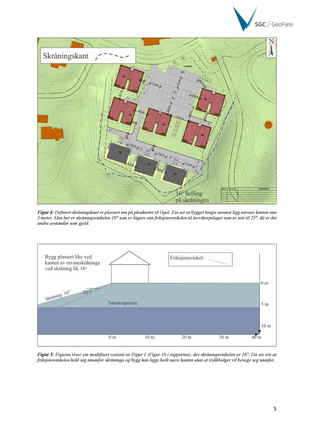 Figur 4 : Definert skråningskant er plassert inn på plankartet til Opal. Ein ser at bygget lengst søraust ligg nærare kanten enn 3 meter.