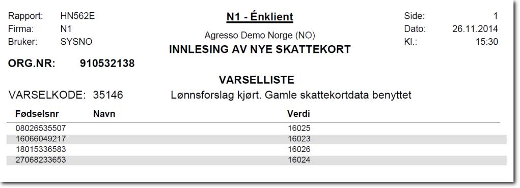 HN562 Innlesing av elektroniske skattekort Ulike varsellister Listen viser de ressurser som ligger på et lønnsforslag.