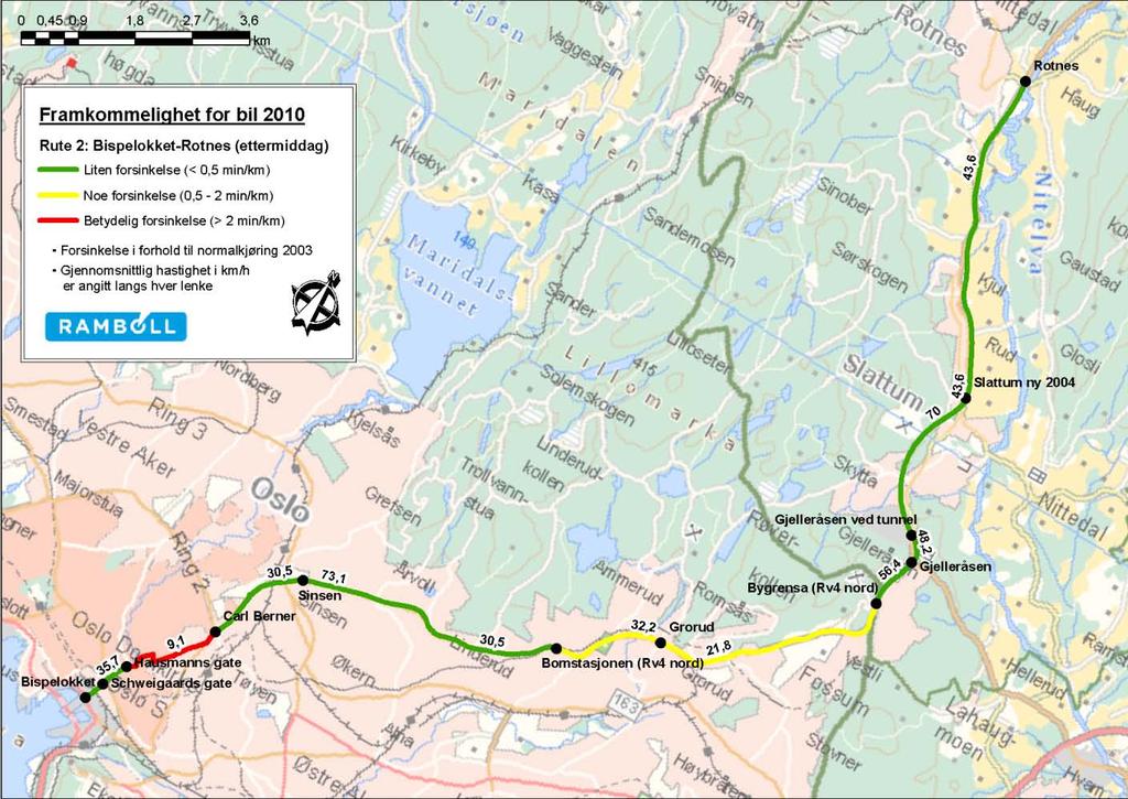 i forhold til normaltid Rute 2 Retning 22 Bispelokket - Rotnes -5 min/km 0 min/km 5 min/km 10 min/km 15 min/km Bispelokket-Schweigaards gate Schweigaards gate-hausmanns gate Hausmanns gate-carl