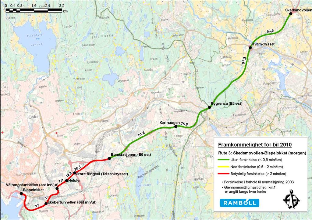 i forhold til normaltid Rute 3 Retning 31 Skedsmovollen - Bispelokket -5 min/km 0 min/km 5 min/km 10 min/km 15 min/km Skedsmovollen-Hvamkrysset Hvamkrysset-Bygrensa (E6 øst) Bygrensa (E6