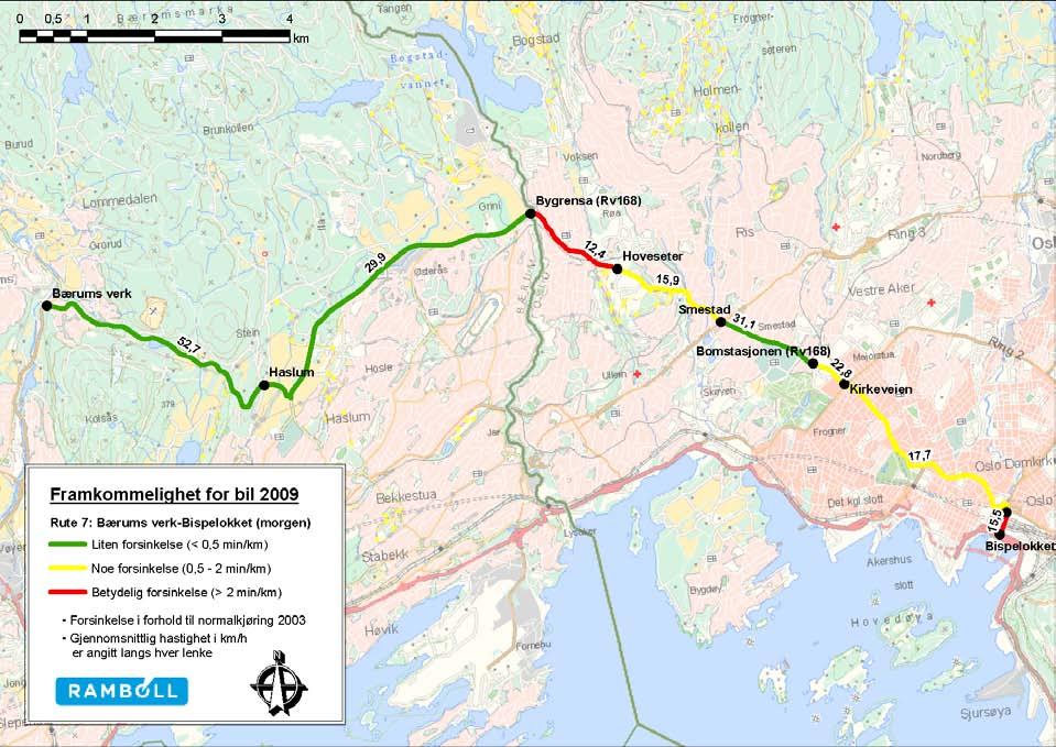 i forhold til normaltid Rute 7 Retning 71 Bærums Verk - Bispelokket -5 min/km 0 min/km 5 min/km 10 min/km 15 min/km Bærums verk-haslum Haslum-Bygrensa (Rv168) 0.15 0.