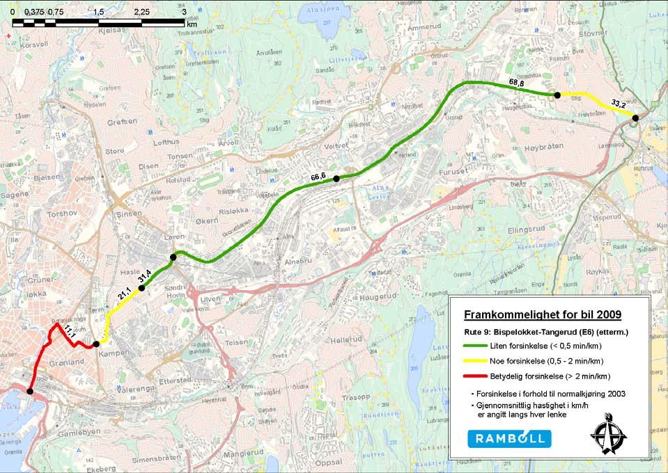 i forhold til normaltid Rute 9 Retning 92 Bispelokket - E6-5 min/km 0 min/km 5 min/km 10 min/km 15 min/km Bispelokket-Tøyen 3.