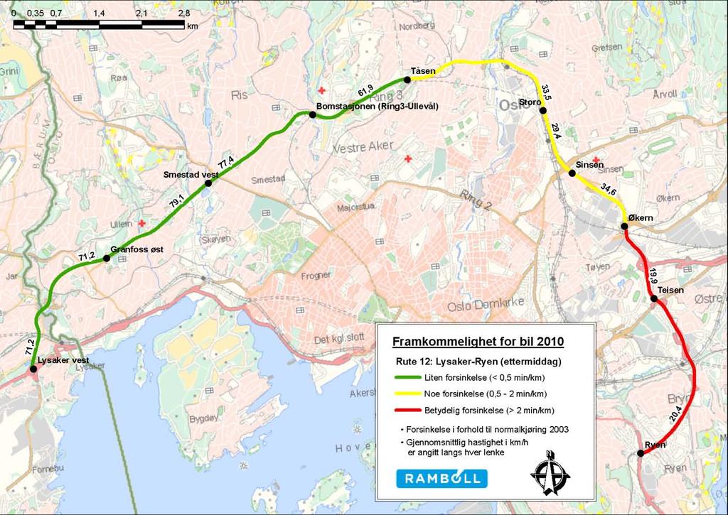 i forhold til normaltid Rute 12 Retning 122 Lysaker - Ryen -5 min/km 0 min/km 5 min/km 10 min/km 15 min/km Lysaker vest-granfoss øst Granfoss øst-smedstad vest Smedstad vest-bomstasjonen