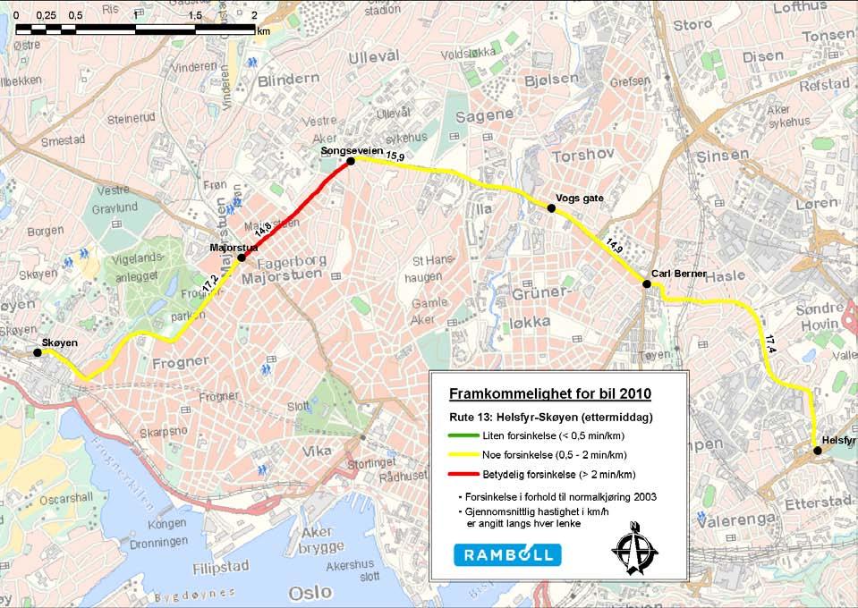 i forhold til normaltid Rute 13 Retning 132 Helsfyr - Skøyen -5 min/km 0 min/km 5 min/km 10 min/km 15 min/km Helsfyr-Carl Berner Carl Berner-Vogts gate Vogts