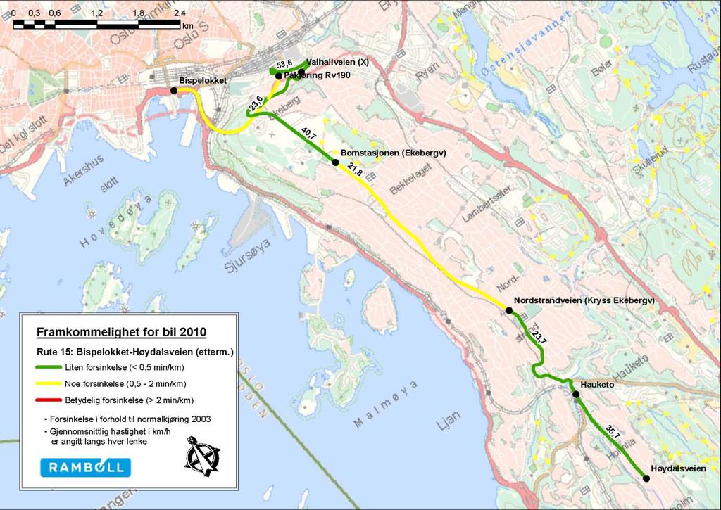 i forhold til normaltid Rute 15 Retning 152 Bispelokket - Høydalsveien -5 min/km 0 min/km 5 min/km 10 min/km 15 min/km Bispelokket-Påkjøring Rv190 Påkjøring Rv190-Valhallveien (X) Valhallveien