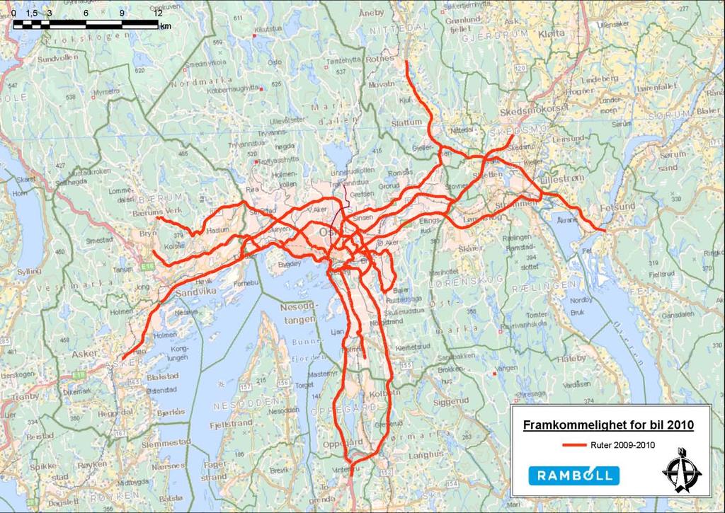 SAMMENDRAG Kjøretidsmålingene, som gjennomføres hvert år, gjøres på følgende ruter (Rute 7, 8, 9 og 10 ble ikke målt i 2010 og ruter 8, 10 og 12 ble ikke målt i 2009): Rute 1 Asker Bispelokket Rute 2