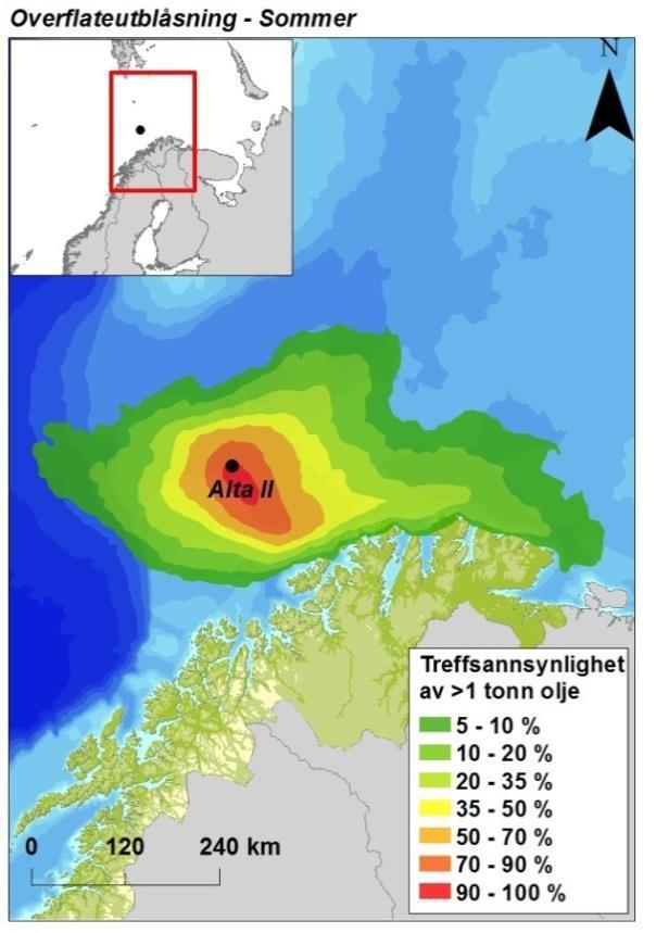 i lisens 609 20.12.26 Figur 9-2. Sesongvise sannsynligheter for treff av mer enn 1 tonn olje i 10 10 km sjøruter gitt en overflateutblåsning fra referansebrønn 7220/11-2.