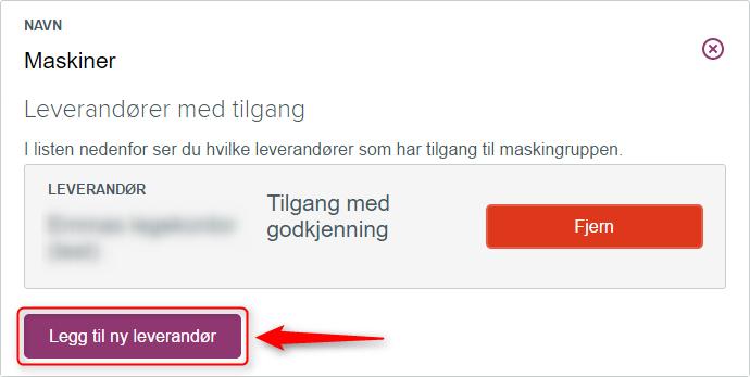 Her får du opp alle leverandørene som har tilgang til din maskingruppe. På bildet under ser vi at det er bare en leverandør som har tilgang, og leverandøren har tilgang med godkjenning.