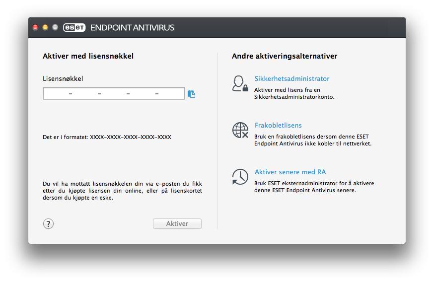 5. Avinstallering Det er flere måter å starte ESET Endpoint Antivirusavinstalleringsprogrammet på: Du kan bruke en av følgende metoder til å aktivere ESET Endpoint Antivirus: Lisensnøkkel En unik