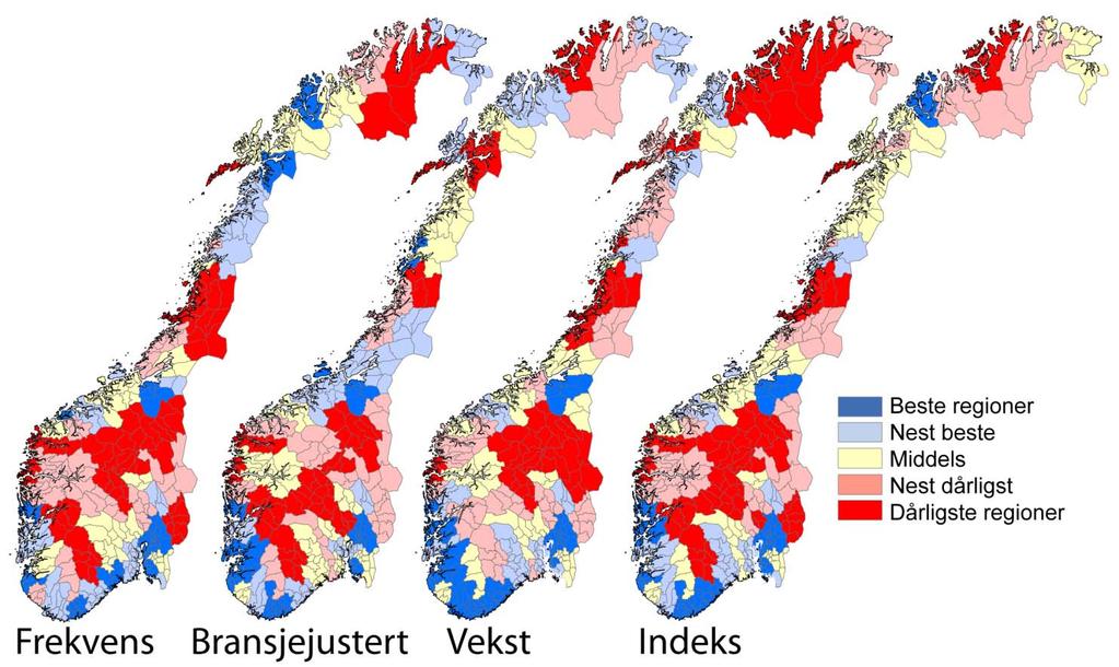 Regionale mønstre Figur 22: Etableringsaktiviteten i regionene i årene -. De tre ulike indikatorene for etablering viser i stor grad det samme mønsteret, men med noen nyanser.