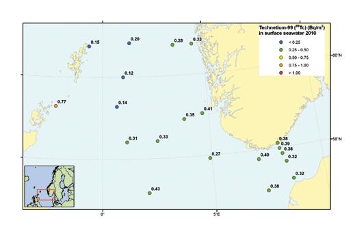 Figur 7. Konsentrasjoner av technetium-99 (Tc-99) i Nordsjøen og Den norske kyststrømmen i juli 21.