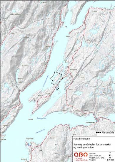 1.4 Lokalisering og avgrensing av planområdet Planområdet ligg på Samnøy langs Samnangerfjorden i Fusa kommune. Planområdet ligg ca 2 km sørvest for Holmefjord og ca 11 km nordvest for Eikelandsosen.