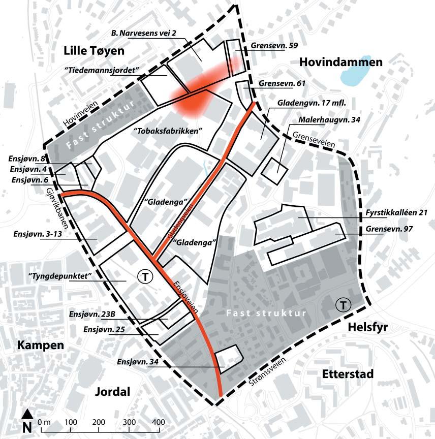 Område Ca. ant. boliger Ca. m² næring Totalt m² Kommentar Gladenga 1200 60 000 170 000 Reguleringsplan før offentlig ettersyn Gladengvn.17 m.fl. 220 15 000 35 000 Trukket Ensjøvn. 4 Ensjøvn.