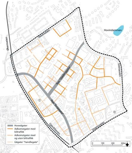 n Hovindammen ta ga sjø En e Ny T Gj øv Parker Brede parkdrag Grøntdrag Forbindelser med grønt preg Dam, fordrøyningsbasseng Bekk/kanal ba ne n 0 100 200 N 300m GJENNOMGÅENDE GANGSYSTEM FORELØPIG