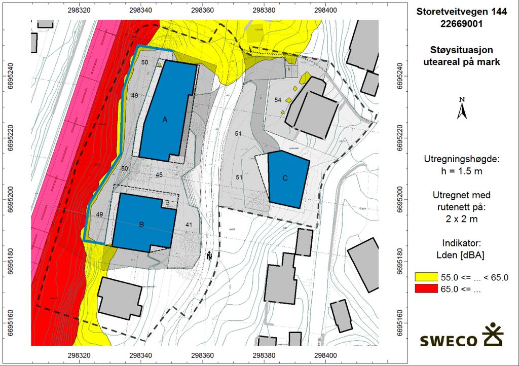 6 Resultat Alle berekningar legg til grunn støyavbøtande tiltak som vist i punkt 5. 6.1 Støynivå på uteareal Figur 4 syner støysituasjonen i 1,5 m høgd over planert terreng.