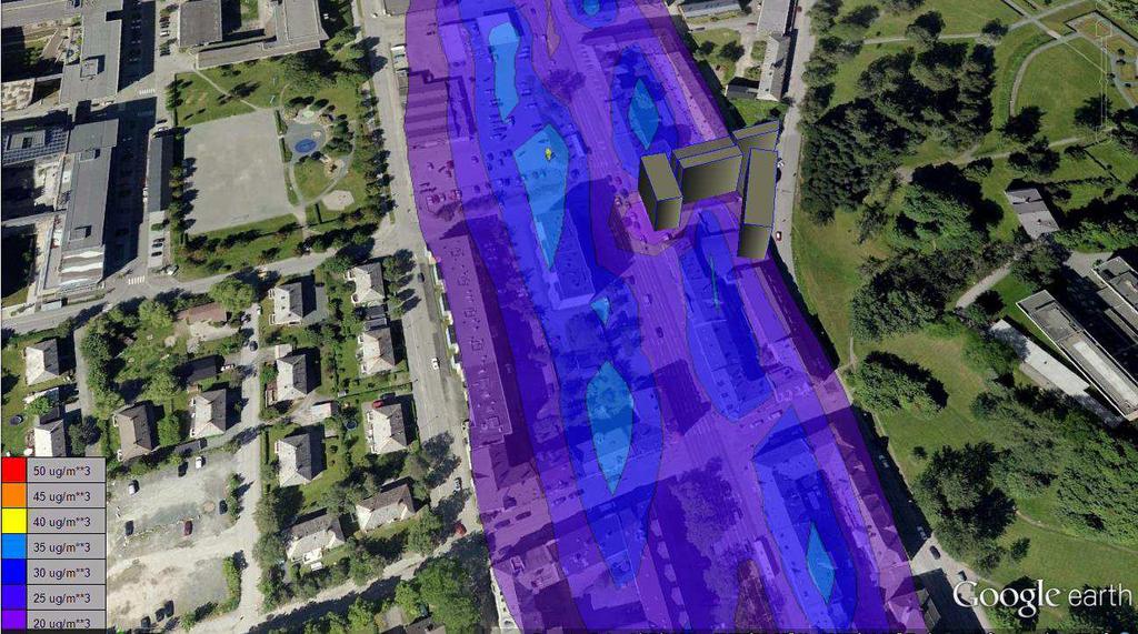 Figur 6 Bakkekonsentrasjonsbidrag av svevestøv (PM10) (µg/m 3, 8. høyeste døgnmiddel) fra veitrafikken i Elgesetergate.