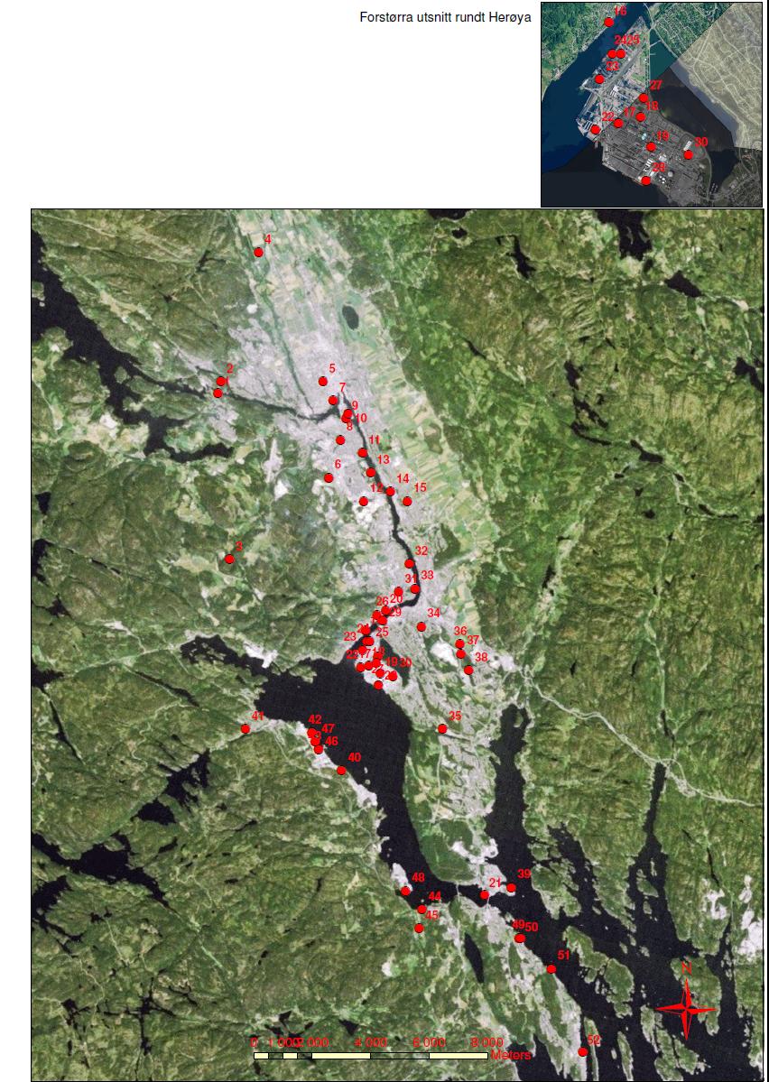 Figur 2.6.1 Oversikt over ulike områder med foruenset grunn/deponier i grenlandsområdet.