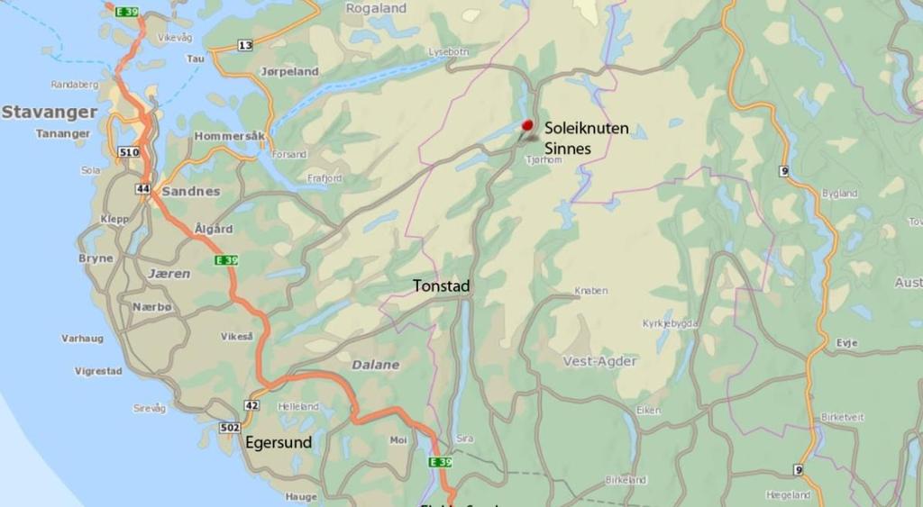 5 Beskrivelse av planområdet, eksisterende forhold 5.1 Beliggenhet og avgrensing Planområdet er lokalisert ved bygda Sinnes i Sirdal kommune, nord i Vest-Agder.