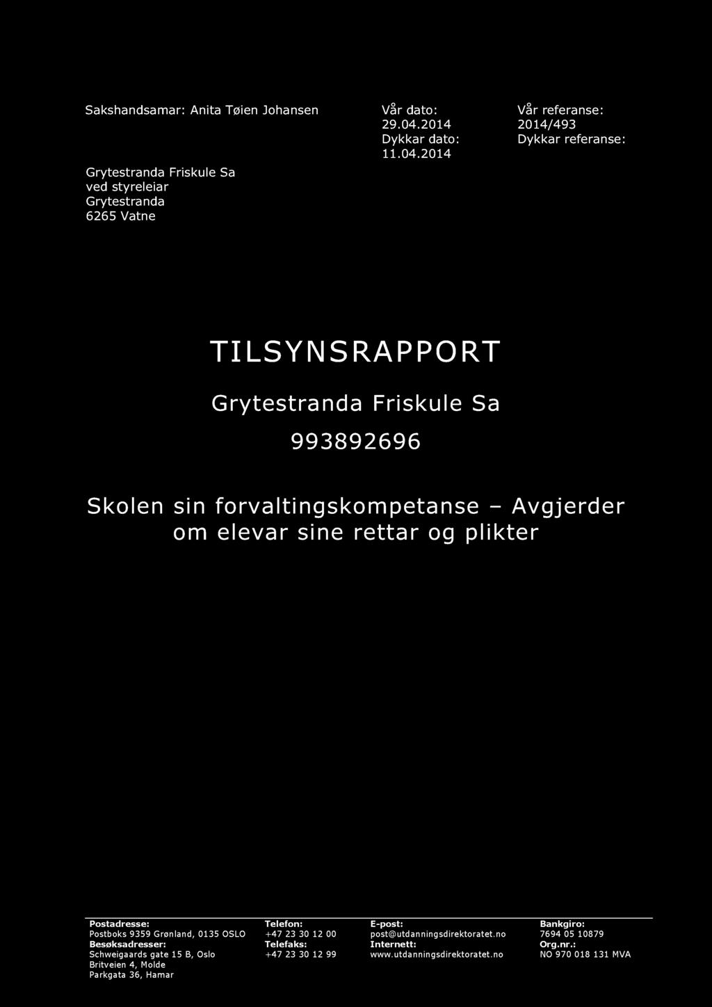 Saks handsamar : Anita Tøien Johansen Vår dato: Vår referanse: 29.04.