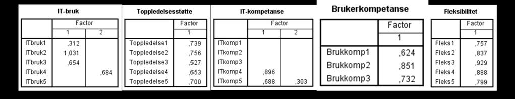 Figur 12 Faktoranalyse Interne IT-kapabiliteter Som vi ser så målte samtlige item over kravet på 0,5 for dimensjonene brukerkompetanse, fleksibilitet og toppledelsesstøtte på én faktor.