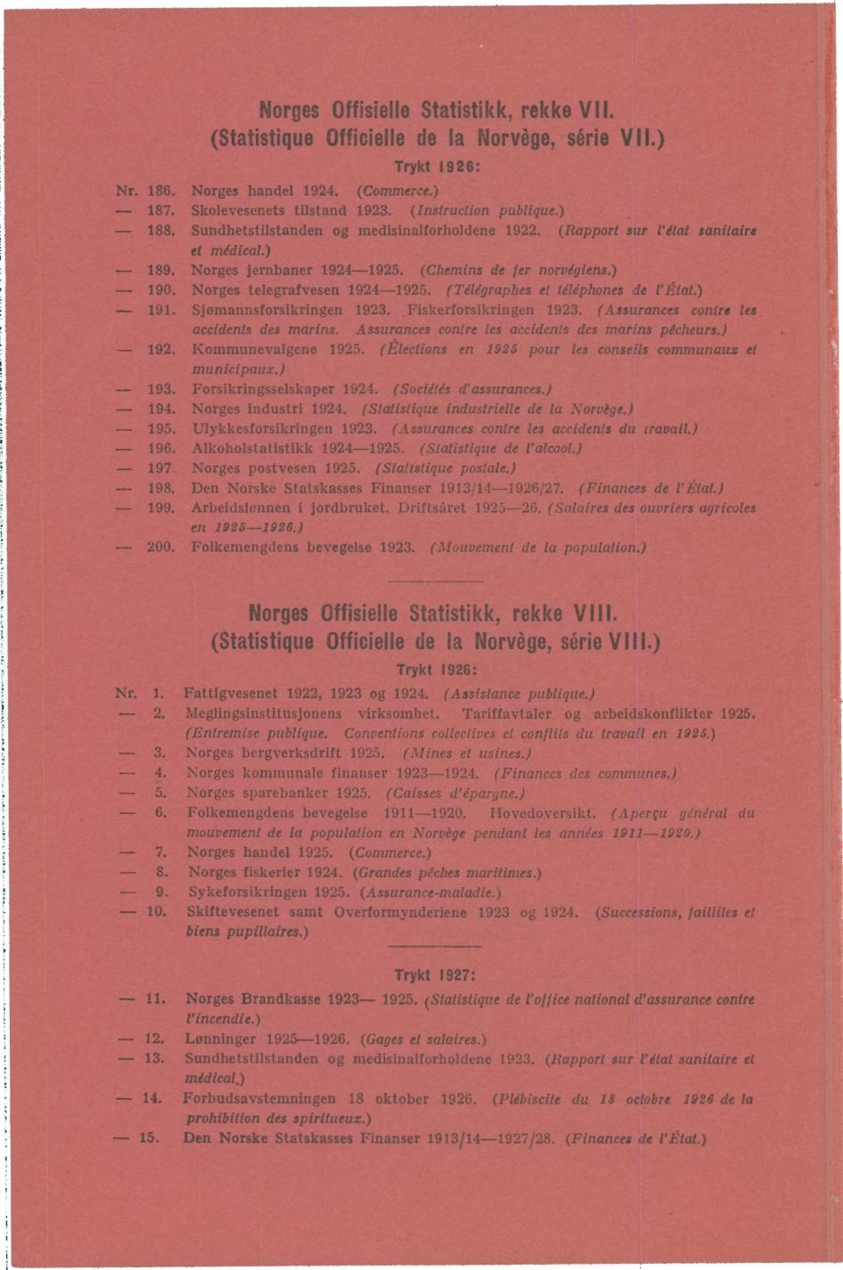 Norges Offisielle Statistikk, rekke VII. (Statistique Officielle de la Norvège, série VII.) Trykt 19 2 6: Nr. 186. Norges handel 1924. (Commerce.) 187. Skolevesenets tilstand 1923.