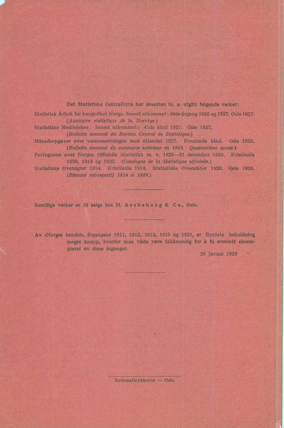 Det Statistiske Centralbyrå bar dessuten bl. a. utgitt følgende verker: Statistisk Arbok for kongeriket Norge. Senest utkommet: 46de årgang 1926 og 1927. Oslo 1927.