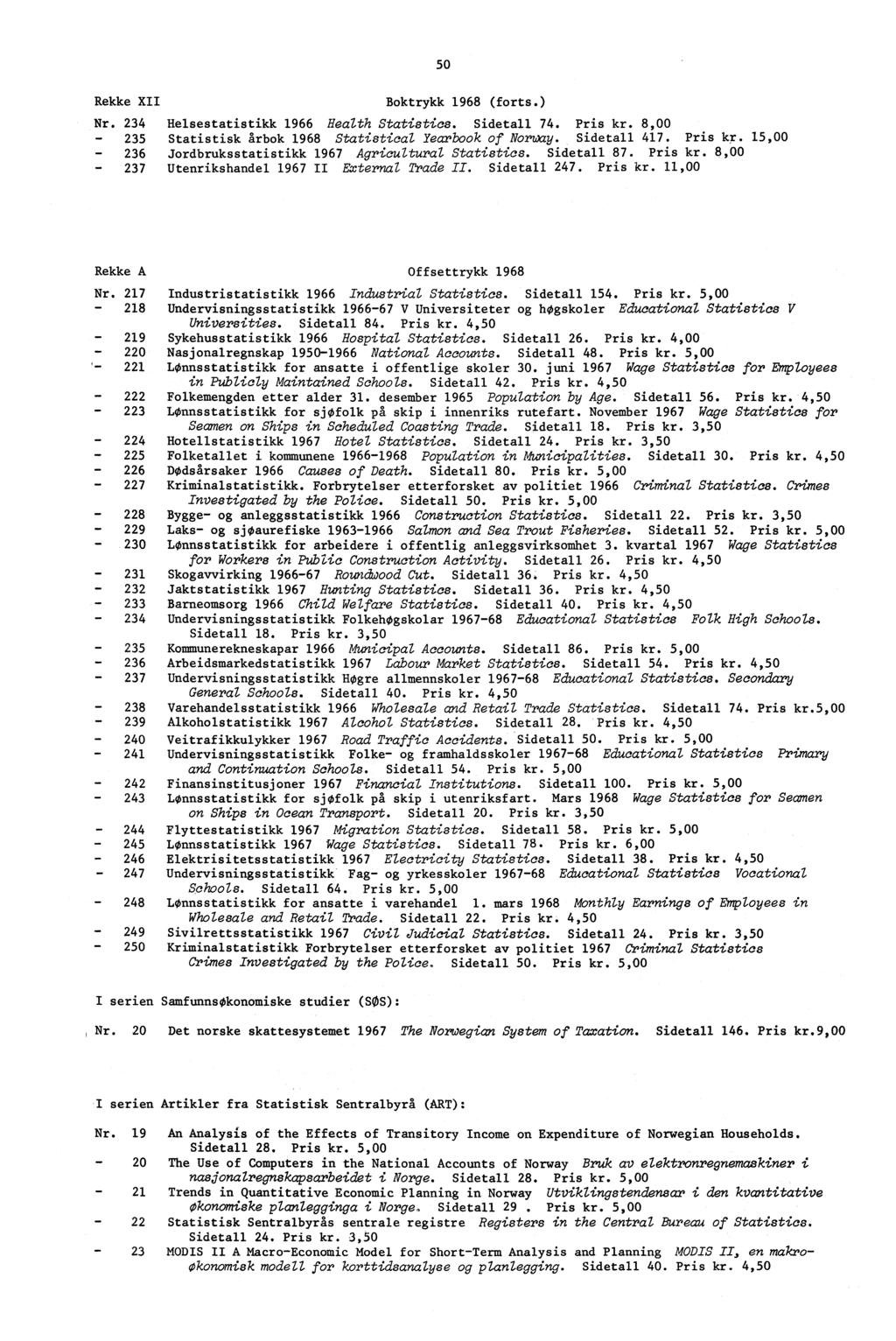 Rekke XII 50 Boktrykk 968 (forts.) Nr. Helsestatistikk 966 Health Statistics. Sidetall 7. Pris kr. 8,00 5 Statistisk årbok 968 Statistical Yearbook of Norway. Sidetall 7. Pris kr. 5,00 6 Jordbruksstatistikk 967 Agricultural Statistics.