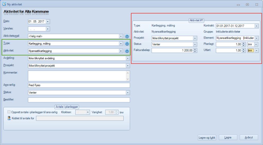 Uavhengig av fremgangsmåte for opprettelse av aktivitet vises følgende vindu når man oppretter en aktivitet: Til høyre i aktivitetsbildet vises informasjonen om kontrakten (rød firkant).