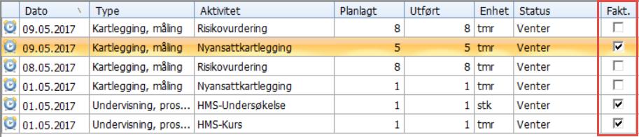 Fakturavinduet vil da se ut som dette: Her ser vi først at den aktiviteten som er tilknyttet kontraktselementer i kontraktsgruppen «Inkluderte aktiviteter» som gjør at vi overstiger taket på 20 timer