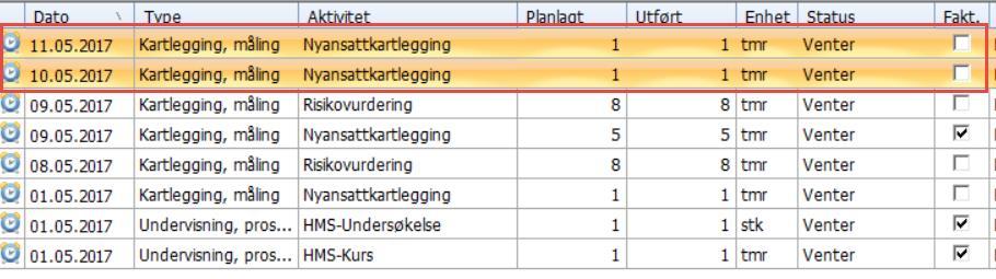 Vi kan se at de aktivitetene som ble med i fakturaen er markert som «fakturert» i kolonnen «Fakt». De aktivitetene som ikke ble markert som fakturert er de som var inkludert i kontraktsgruppen.