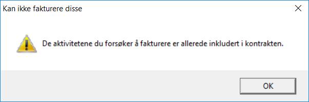 NB: Dersom man forsøker å fakturer aktiviteter, men aktivitetene tilhører en kontraktsgruppe der man enda ikke har nådd taket il man få følgende varsel når man klikker på «lag faktura»: Viktig: