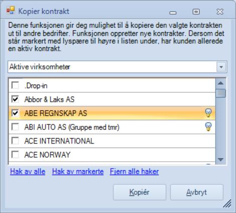 1.3 Kopiere og «spre» kontrakter Når man har opprettet en kontrakt på en kunde, har man mulighet for å enten kopiere denne kontrakten og lime den inn på en ny kunde, eller man kan spre kontrakten til