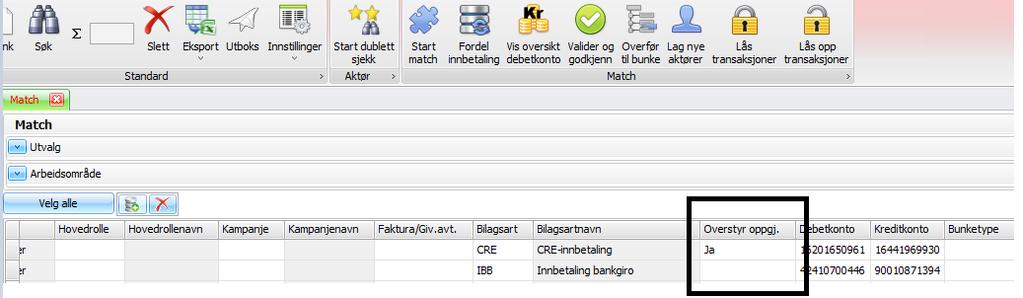 Dvs at det også er ny kolonne i Match med ledetekst 'Overstyr oppgj.' Feltet kan også editeres, dvs. det er en nedtrekksmeny med verdi Ja/Nei.