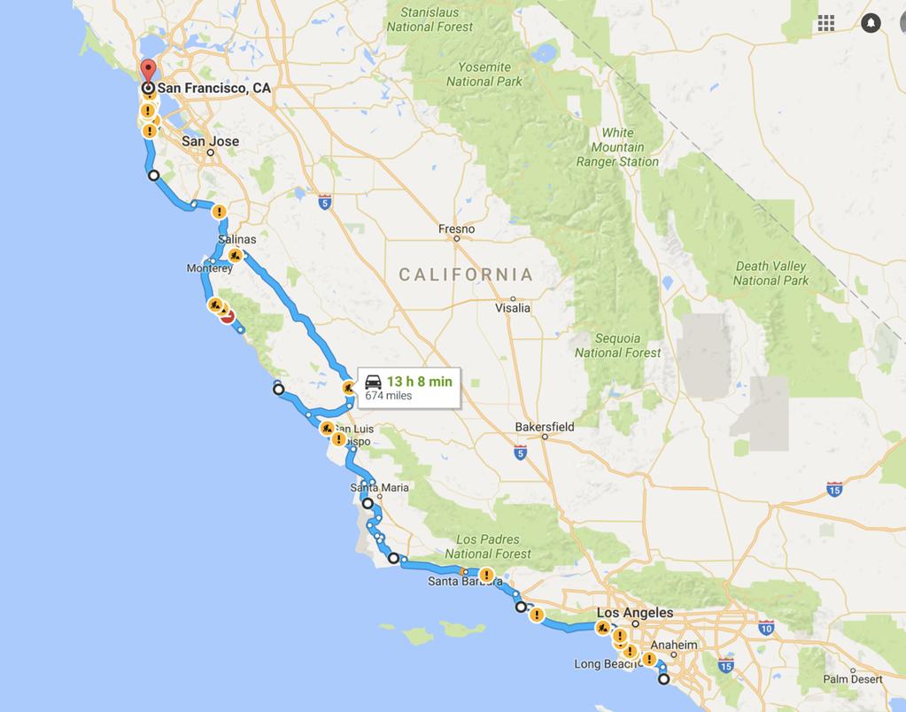 Veien har sammenfallende løp med Highway 101 flere steder, f.eks. over Golden Gate Bridge i San Francisco, ved Ventura og ved Santa Barbara.