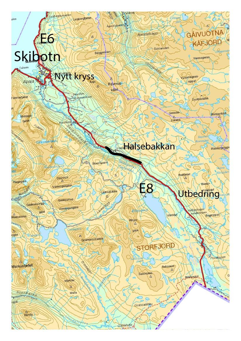 E8 Riksgrensen-Skibotn E8 har liten bredde og dårlig geometri. Halsebakkan er flaskehals for tungtransport.