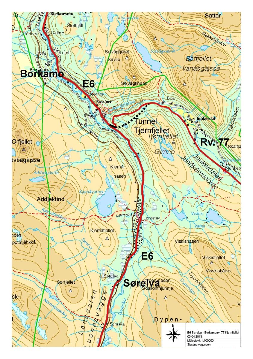 E6 Sørelva Borkamo, rv. 77 Tjernfjellet E6 Sørelva Borkamo har liten bredde og dårlig geometri. Rv.