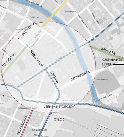 CASESTUDIE 53 ET Kart av caseområdet GEOGRAFISK AVGRENSNING Caseområdet er begrenset til området mellom sykkelfeltenes endepunkt i Skippergata (sykkelfelt), Torggata vest for Youngstorget (gå- og