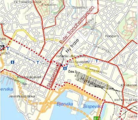 sykkelgater. Ruta sett i større sammenheng. Kart over hovedsykkelveinettet i Oslo sentrum. Rød linje viser hovedsykkelveinettet.