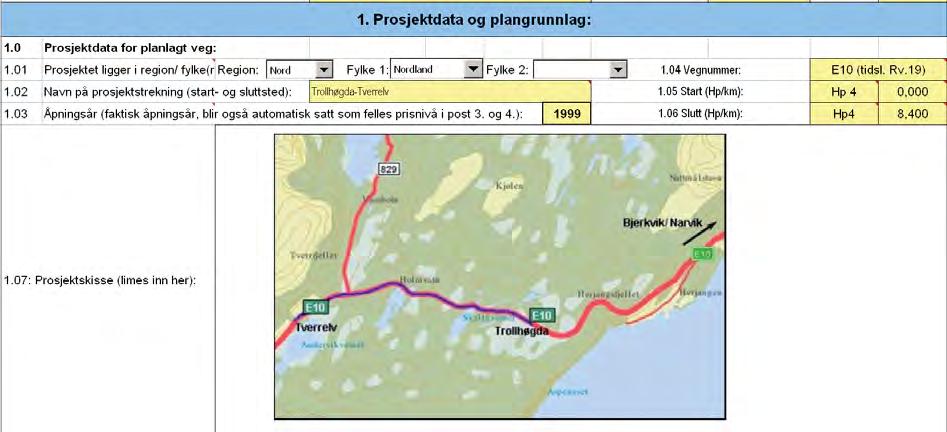 Figur 6: Post 1.01 1.07, prosjektdata for den planlagte vegstrekningen. 3.1.2 Post 1.10-1.15, lengder på veg, bru og tunnel Her etterspørres lengder for planlagt og bygd strekning, dvs.