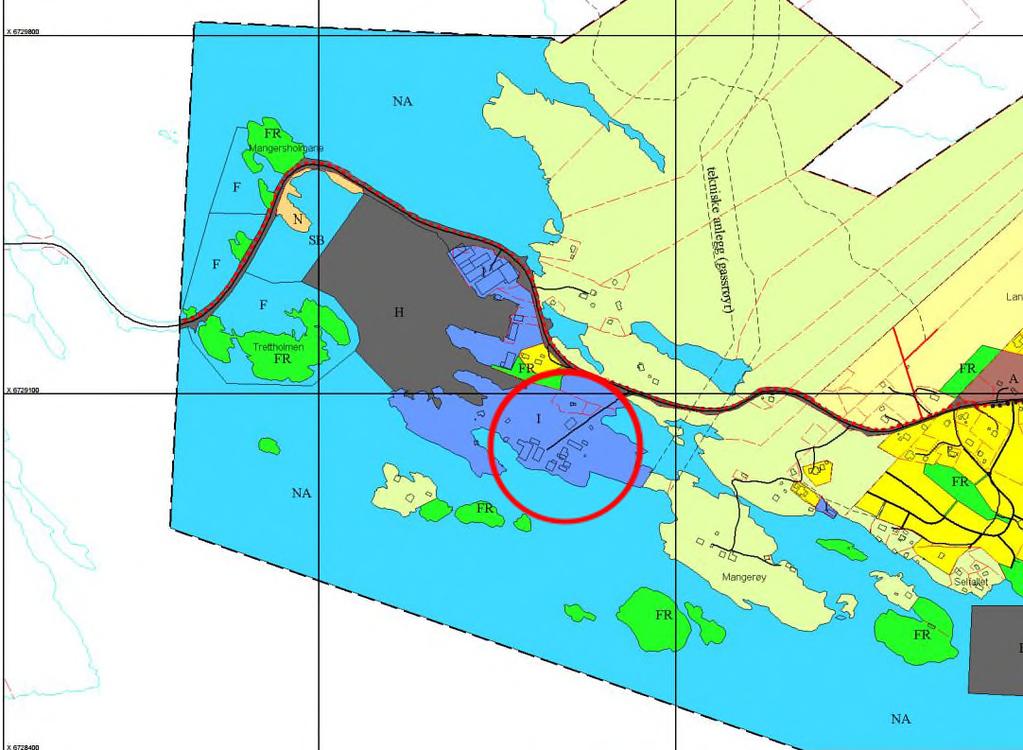 Side 6 av 53 Figur 2 Utsnitt kommunedelplan Langs austre plangrense er det i kommuneplan vist omsynssone kondensator, gassrøyrleidning (felt vist med raud skravur i kommuneplan, vist som tekniske