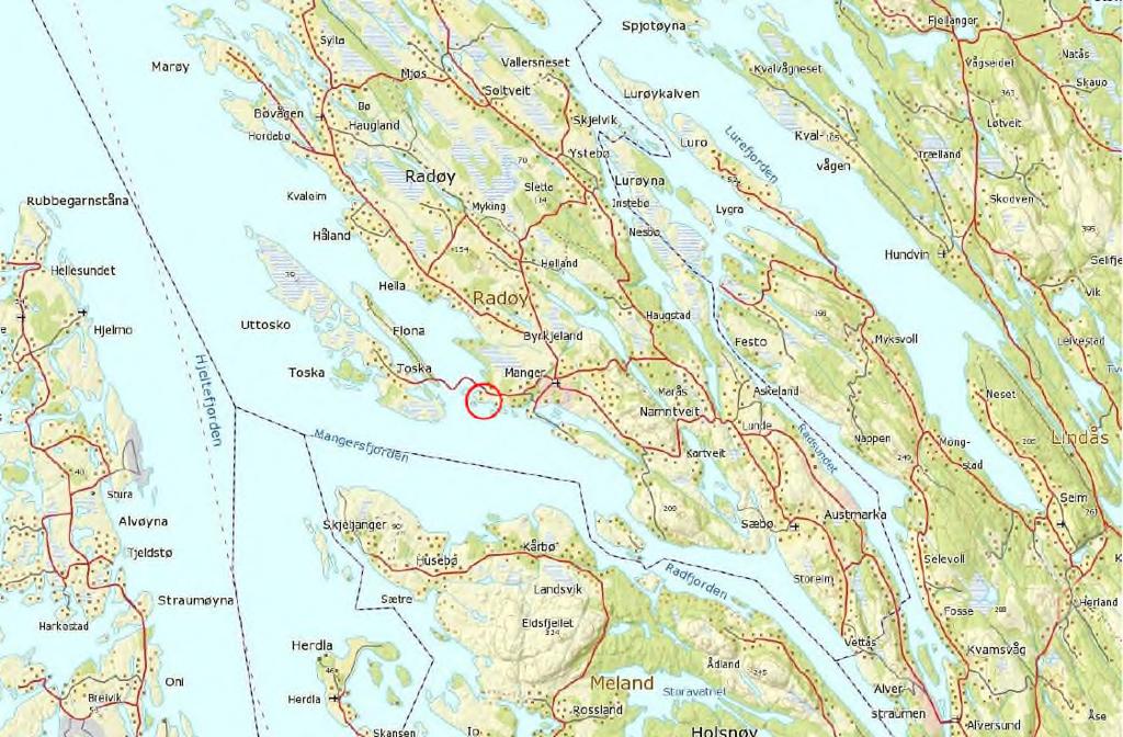 Side 8 av 53 2 Skildring av planområdet 2.1 Lokalisering Planområdet er lokalisert på Radøy 2-3 km vest for Manger og ligg langs fylkesveg 410, Toskavegen.