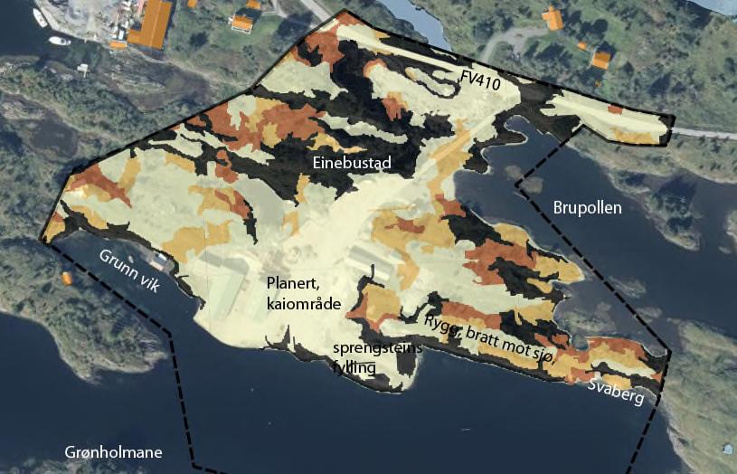 Side 13 av 53 2.3 Topografi og landskapsanalyse Landskapet er eit typisk øy- og kystlandskap og som elles på Radøy er det prega av Bergensbogene med langstrakte, låge rygger i nordvestleg retning.