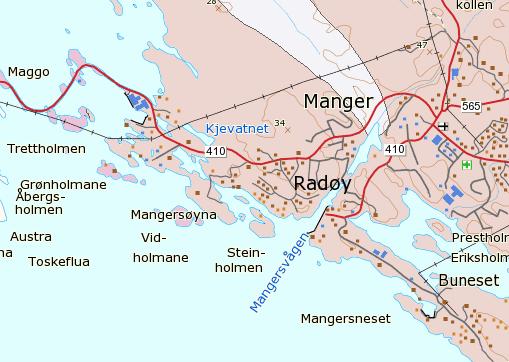 MANGER INDUSTRIOMRÅDE TEMARAPPORT NATURMANGFOLD Figur 3-2 Berggrunnskart (NGU.no 09-2015) I NGUs løsmassekart er området registrert med bart fjell, stedvis tynt dekke. Dette stadfestes på befaring.